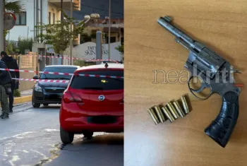 Το σημείο όπου πυροβολήθηκε ο 20χρονος από τον 54χρονο και το φονικό όπλο
