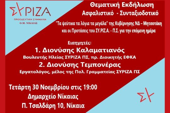 Εκδήλωση για το Ασφαλιστικό-Συνταξιοδοτικό από τον ΣΥΡΙΖΑ Νίκαιας