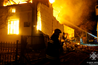 A burning building after a Russian drone attack in Dublyany, Lviv region