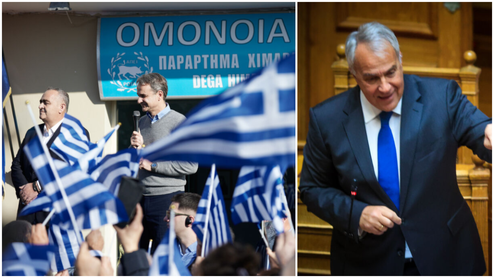 Ο Κυρ. Μητσοτάκης δίπλα στον Φρέντι Μπελέρη κατά την επίσκεψή του στη Χιμάρα τον Δεκέμβριο του 2022. Δεξιά ο Μάκης Βορίδης