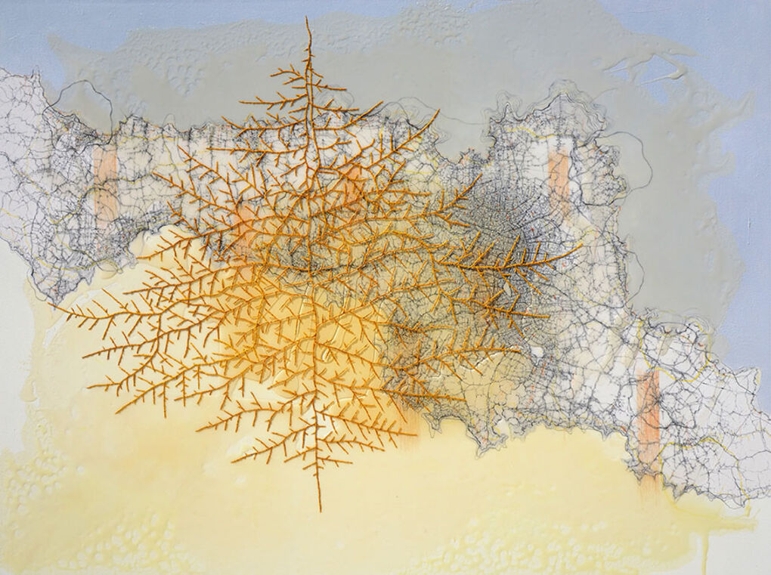 Γιάννης Χρηστάκος, «Με τον φόβο του άλλου», 120x90 εκ., μολύβια, ξυλομπογιές, λάδια, υγρό γυαλί σε μουσαμά