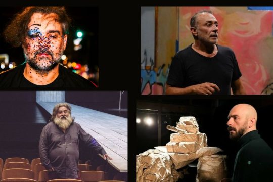 Από επάνω αριστερά: Αργύρης Ξάφης (θεατρική ομάδα ΠΥΡ) | Βασίλης Κουκαλάνι («Συντεχνία του Γέλιου») | Γιάννης Αναστασάκης (θεατρική ομάδα «Στιγμή») | Μάνος Βαβαδάκης (θεατρική ομάδα RMS MATAROA)