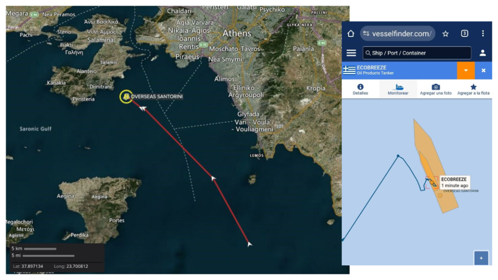 Αριστερά, τo στίγμα του Overseas Santorini πριν από μερικά 24ωρα στα ανοιχτά του λιμένα Πειραιά. Δεξιά, «στιγμιότυπο» οθόνης από τον ανεφοδιασμό του ίδιου πλοίου στον Πειραιά