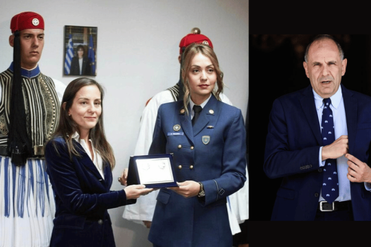 Η πρόξενος Μαρία Κεχρή (αριστερά) κατά την υποδοχή της Προεδρικής Φρουράς στο Γενικό Προξενείο της Στουτγάρδης | Ο ΥΠΕΞ Γιώργος Γεραπετρίτης