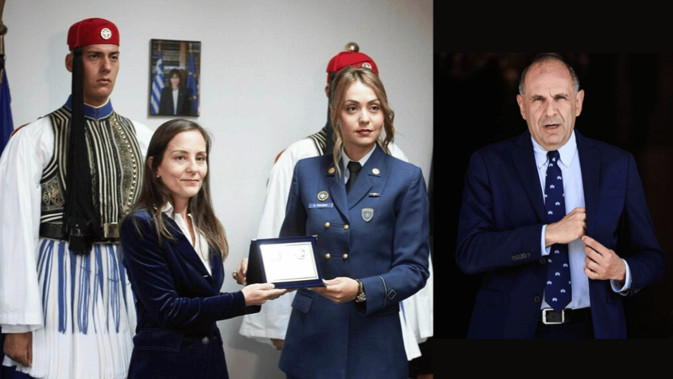 Η πρόξενος Μαρία Κεχρή (αριστερά) κατά την υποδοχή της Προεδρικής Φρουράς στο Γενικό Προξενείο της Στουτγάρδης | Ο ΥΠΕΞ Γιώργος Γεραπετρίτης