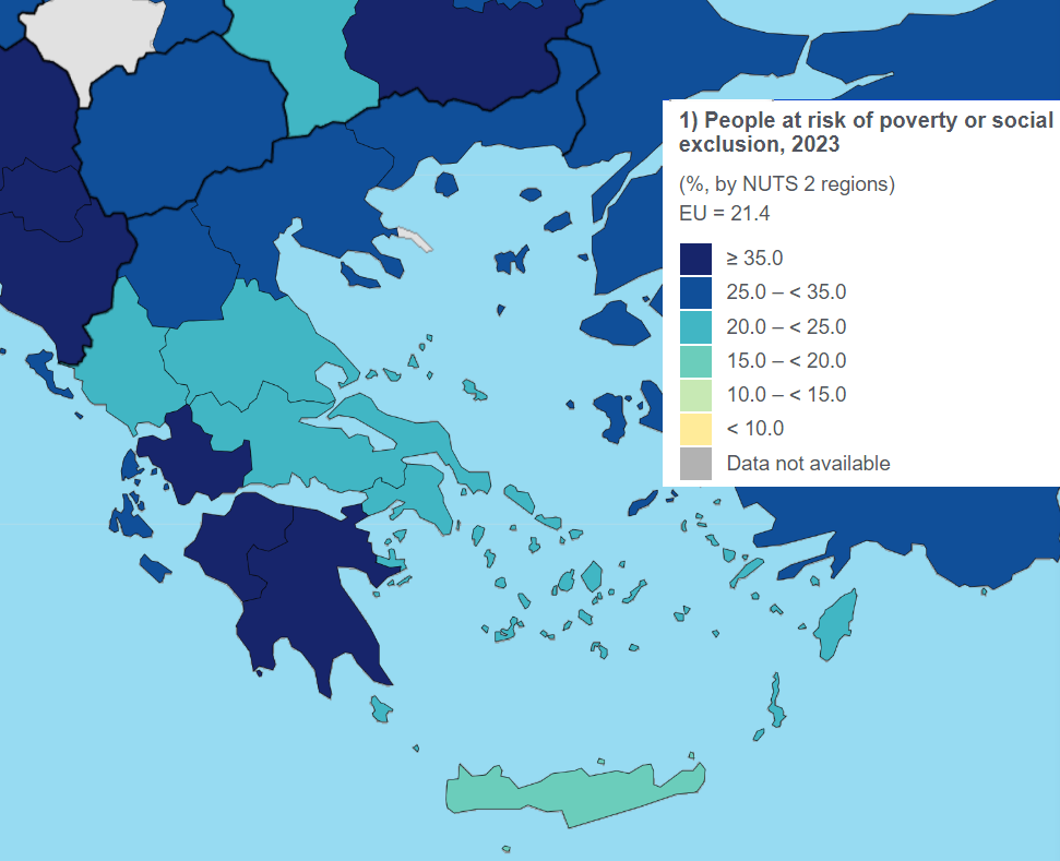 χάρτης Eurostat: περιφέρειες της Ελλάδας και κίνδυνος φτώχειας & κοινωνικού αποκλεισμού