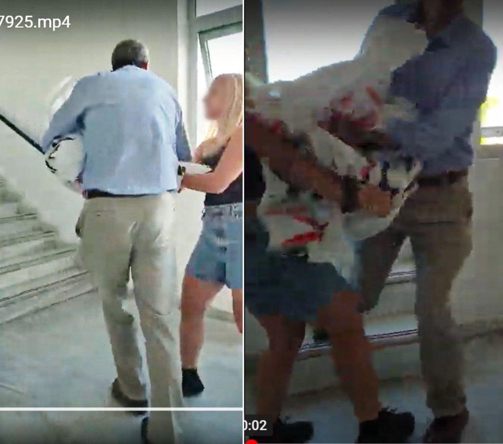 Δύο καρέ από βίντεο που δείχνει τον κοσμήτορα να απωθεί βιαίως τη φοιτήτρια