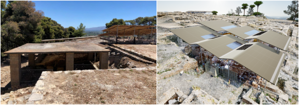 Αριστερά τα υφιστάμενα στέγαστρα των Βασιλικών Διαμερισμάτων | Δεξιά φωτο­ρεαλιστική απεικόνιση του νέου στεγάστρου των Παλαιών Ανακτόρων