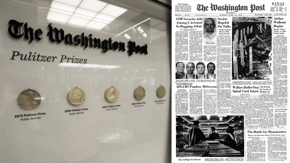 Το πρώτο πρωτοσέλιδο δημοσίευμα της Washington Post για το σκάνδαλο Watergate το 1972 (το βασικό χτύπημα, πάνω αριστερά).