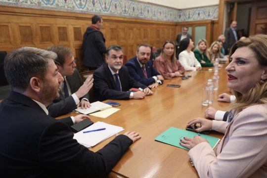 Η βουλεύτρια του ΠΑΣΟΚ Ευαγγελία Λιακούλη δίπλα στον πρόεδρο Νίκο Ανδρουλάκη σε παλαιότερη συνεδρίαση της Κοινοβουλευτικής Ομάδας του κόμματος