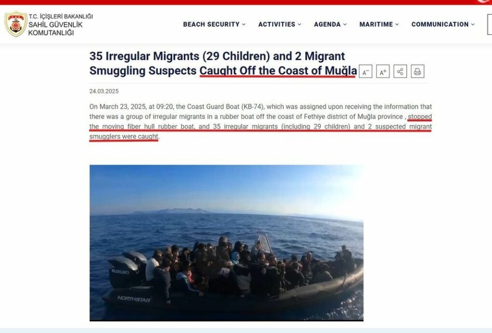 Το δελτίο Τύπου της Τουρκικής Ακτοφυλακής με το σκάφος των προσφύγων, που είναι το ίδιο με αυτό που βρέθηκε την προηγούμενη ημέρα στα εθνικά μας ύδατα. Ωστόσο η Τουρκία «καμαρώνει» ότι αυτή σταμάτησε τους πρόσφυγες στα δικά της χωρικά ύδατα