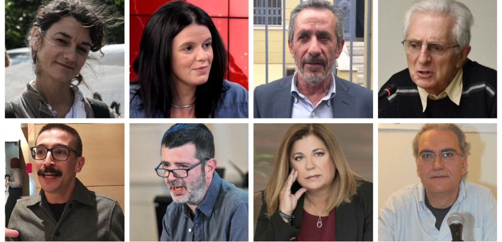 Δημοσιογράφοι που έχουν δεχτεί αγωγές SLAPP τα τελευταία χρόνια: Επάνω από αριστερά: Σταυρούλα Πουλημένη, Αννα Νίνη, Γιάννης Στέβης, Παναγιώτης Δημητράς. Κάτω: Θοδωρής Χονδρογιάννος, Νικόλας Λεοντόπουλος, Γιάννα Παπαδάκου. Αρης Χατζηγεωργίου