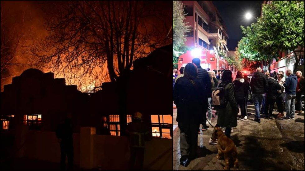 Οι περίοικοι, που ανακάστηκαν να εκκενώσουν τα διαμερίσματά τους, παρακολουθούν με αγωνία την εξέλιξη της πυρκαγιάς