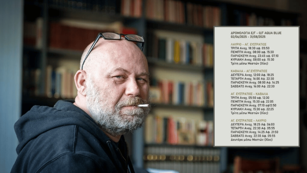Ο εμπνευστής της πρωτοβουλίας, Θόδωρος Τσελεπής . Δεξιά τα δρομολόγια μεταξύ Λαυρίου ή Καβάλας και Αη-Στράτη