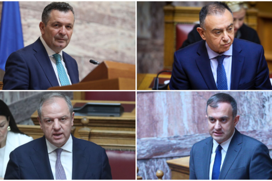 Πάνω αριστερά: Ο υφυπουργός Ψηφιακής Διακυ­βέρνησης Χρήστος Μπουκώρος | Πάνω δεξιά: Ο υφυπουργός Αγροτικής Ανάπτυξης Χρήστος Κέλλας | Κάτω αριστερά: Ο υφυπουργός Αγροτικής Ανάπτυξης Διονύσης Σταμενίτης | Κάτω δεξιά:  Ο υφυπουργός Εξωτερικών Τάσος Χατζηβασιλείου