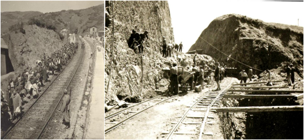 Αριστερά: 20 Απριλίου 1943. Αφιξη των Εβραίων του συνοικισμού Χρις στο εργοτάξιο. Δεξιά: Εργασίες για την τομή υπό την επίβλεψη Γερμανού επόπτη