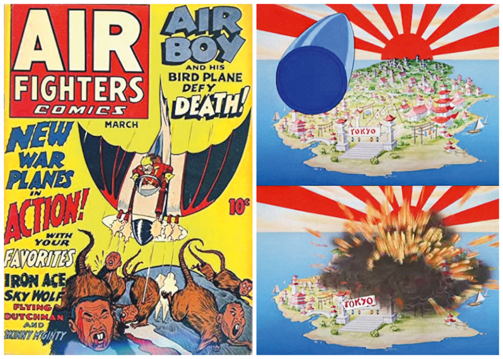 ριστερά: Εξώφυλλο του Air Fighters Comics #6 (Μάρτιος 1943): βίαιη απεικόνιση αρουραίων με κεφάλια Ιαπώνων Δεξιά:Προφητική (;) απεικόνιση ατομικής βόμβας από το φιλμ της MGM «Blitz Wolf» (1942)