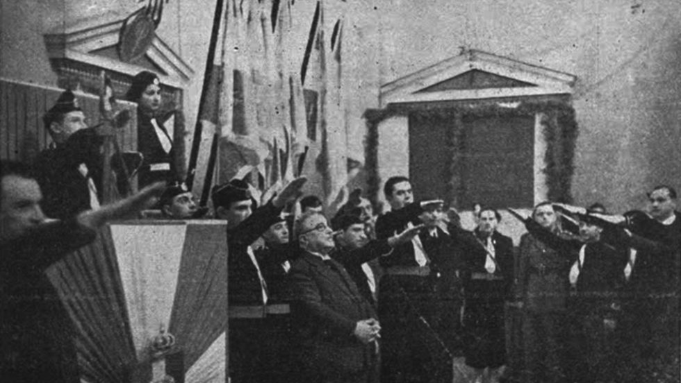 Φασιστικός χαιρετισμός προς τον Μεταξά από μέλη της Εθνικής Οργάνωσης Νεολαίας (ΕΟΝ), περιοδικό «Νεολαία», αριθ. 15