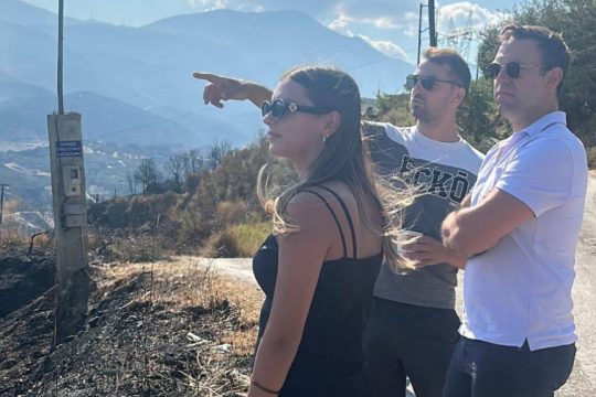 Ο Στέφανος Κασσελάκης μιλά με εποχικό πυροσβέστη