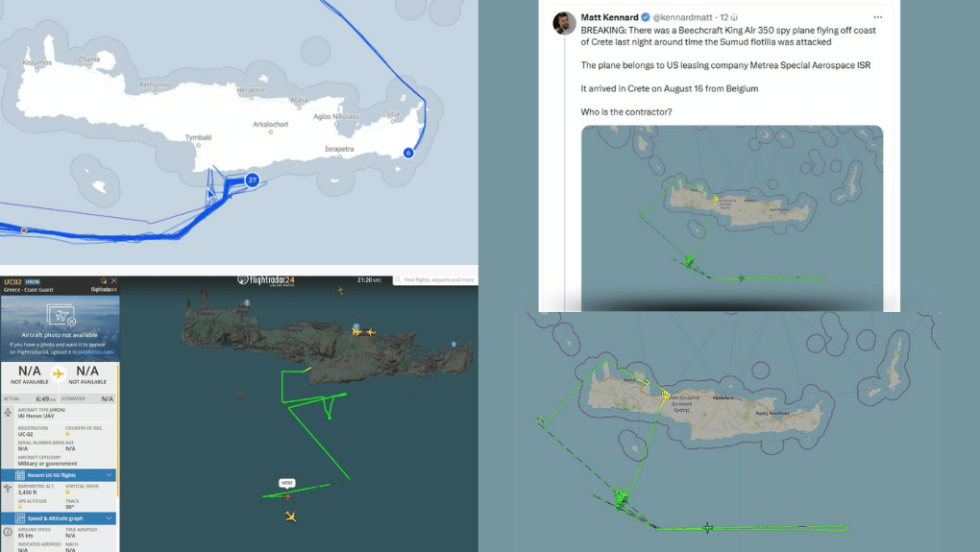 Επάνω αριστερά: Η θέση του στόλου της αλληλεγγύης το βράδυ της Τετάρτης. Κάτω αριστερά: Το στίγμα του UAV (drone) που απογειώθηκε από το Τυμπάκι της Κρήτης την ίδια ώρα. Δεξιά: Η ανάρτηση του Βρετανού δημοσιογράφου Matt Kennard για τις κινήσεις του κατασκοπευτικού αεροσκάφους την ώρα της επίθεσης στον στόλο της αλληλεγγύης