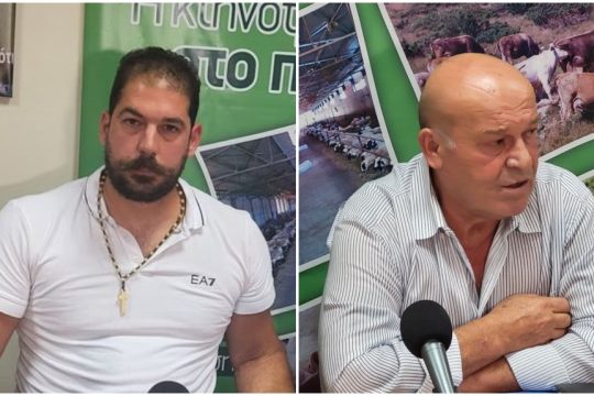 Αριστερά: Ο πρόεδρος του Συντονιστικού των Κτηνοτροφικών Συλλόγων Κρήτης, Λευτέρης Τριανταφυλλάκης. Δεξιά: Ο πρόεδρος του Συνδέσμου Ελληνικής Κτηνοτροφίας, Δημήτρης Μόσχος