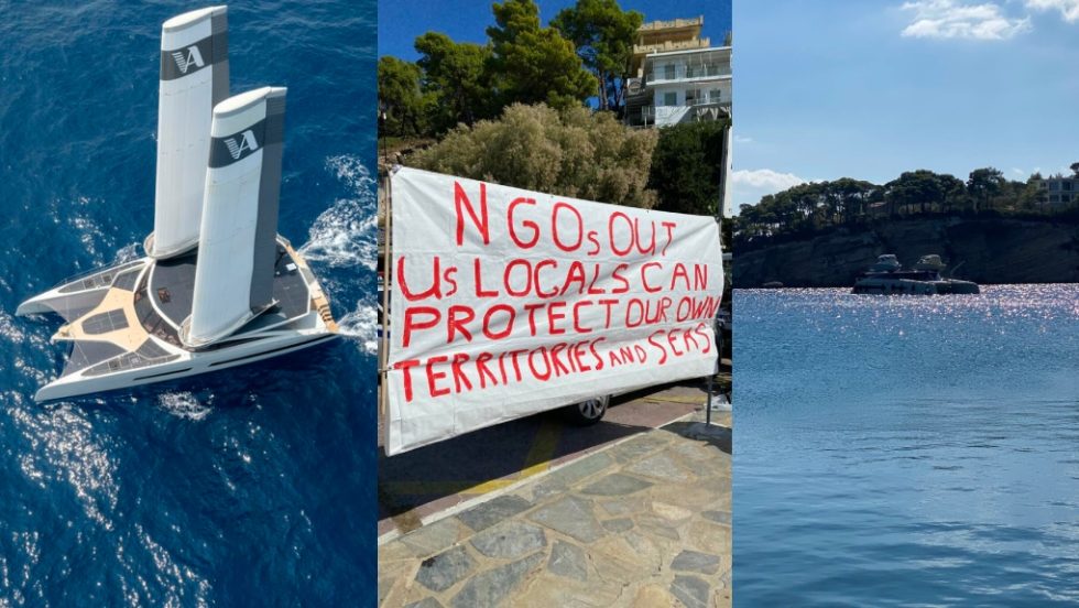 Το καταμαράν με τον πρίγκιπα Αλβέρτο ΙΙ- Στη μέση: πανό που έστησαν μέλη του Συλλόγου Κατοίκων