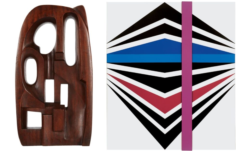 Αριστερά: Saloua Raouda Choucair, Interform, 1960, ξύλινο γλυπτό. Συλλογή Barjeel Art Foundation, Sharjah | Δεξιά: Οπυ Ζούνη, Δρόμοι σε ανάκλαση, 1972-1992, ακρυλικό σε καμβά και ξύλο, 181x157 εκ. Ιδιωτική Συλλογή