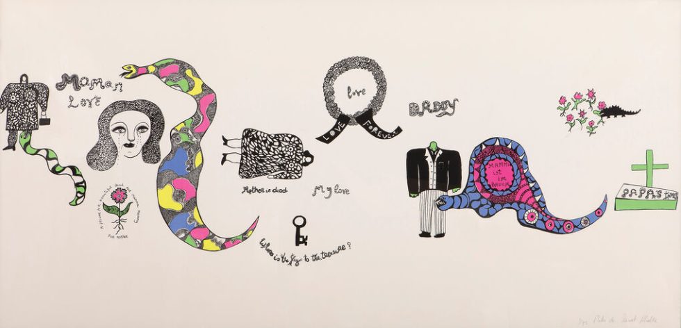 Niki de Saint Phalle, «Η μητέρα είναι νεκρή» / «Μαμά αγάπη», 1968. Μεταξοτυπία σε χαρτί offset-super-bütten, από τη σειρά 6 τυπωμάτων για το θεατρικό έργο «ICH»
