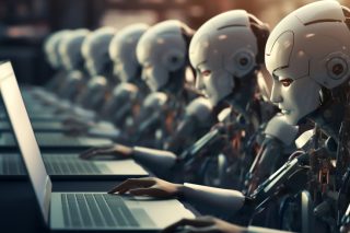 Humanoid robot office workers working in a call centre