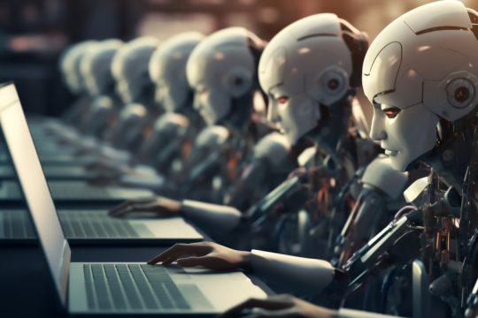 Humanoid robot office workers working in a call centre