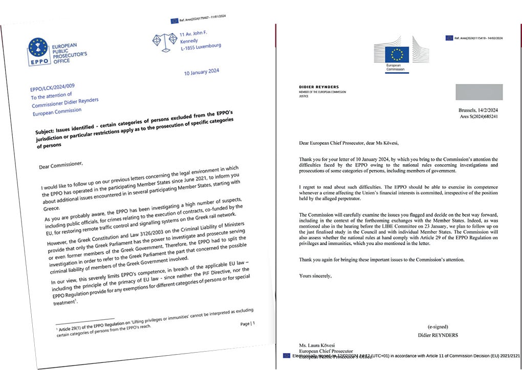 Αριστερά, η επιστολή Κοβέσι στον επίτροπο Δικαιοσύνης Ντιντιέ Ρέιντερς. Δίπλα, η απαντητική επιστολή Ντιντιέ Ρέιντερς στη Λάουρα Κοβέσι