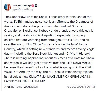 Το μήνυμα ενότητας του Bad Bunny στο Super Bowl και η ρατσιστική αντίδραση Τραμπ