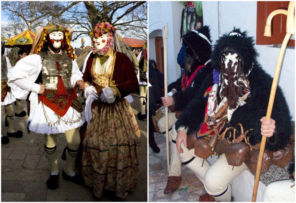 Αριστερά: Νάουσα, «Μπούλες» και «Γενίτσαροι». Δεξιά: Η φορεσιά του «Γέρου» με τη βαριά μάλλινη κάπα και τα χάλκινα κουδούνια στο καρναβάλι της Σκύρου (ΦΩΤ:ΘΟΔ. ΑΘΑΝΑΣΙΑΔΗΣ)