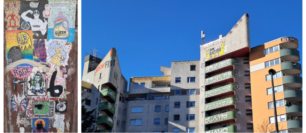 Αριστερά: Αφίσες σε υπόγεια στοά στο Κρόιτσμπεργκ. Δεξιά: Κτίρια διαφορετικού αρχιτεκτονικού στιλ στο Κρόιτσμπεργκ του Βερολίνου | ΣΤΡΑΤΗΣ ΗΛΙΑΚΗΣ