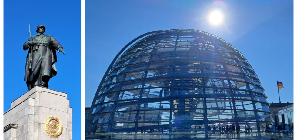 Αριστερά: Το σοβιετικό μνημείο, λίγα μέτρα από την Πύλη του Βρανδεμβούργου, και το Ράιχσταγκ. Δεξιά: Ο γυάλινος θόλος του Ράιχσταγκ σχεδιάστηκε από τον αρχιτέκτονα Norman Foster και αποτελεί ένα από τα πιο εμβληματικά αξιοθέατα της γερμανικής πρωτεύουσας, συμβολίζοντας τη διαφάνεια και την ενότητα | ΣΤΡΑΤΗΣ ΗΛΙΑΚΗΣ