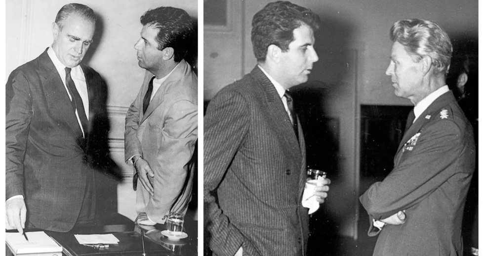 Αριστερά, ο Φαρμάκης με τον Καραμανλή, την εποχή της συνεργασίας τους, και δεξιά, με τον ΝΑΤΟϊκό διοικητή, στρατηγό Νόρσταντ [«ΑΠΟΓΕΥΜΑΤΙΝΗ», 24/4/1967]