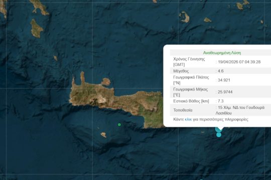 Σεισμός 4,6 Ρίχτερ ανοιχτά του Λασιθίου Κρήτης