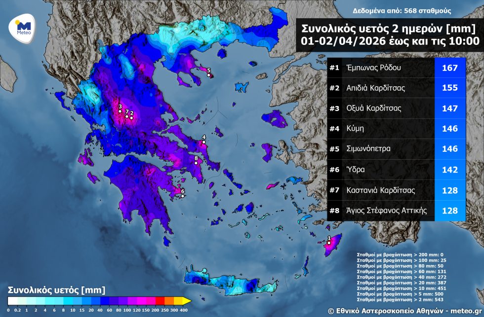 Τα μεγαλύτερη ύψη βροχής από την κακοκαιρία Erminio | Meteo.gr