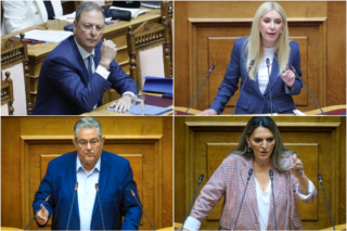 Πάνω, οι πρώην επικεφαλής του υπουργείου Αγροτικής Ανάπτυξης, Σπ. Λιβανός και Φωτεινή Αραμπατζή, οι οποίοι αποφεύγουν τη διερεύνηση των ευθυνών που τους καταλογίζει η δικογραφία της Ευρωπαϊκής Εισαγγελίας. Κάτω, ο γ.γ. του ΚΚΕ, Δ. Κουτσούμπας, και η επικεφαλής της Κ.Ο. της Νέας Αριστεράς, Πέτη Πέρκα, που άσκησαν δριμύτατη κριτική στην κυβέρνηση