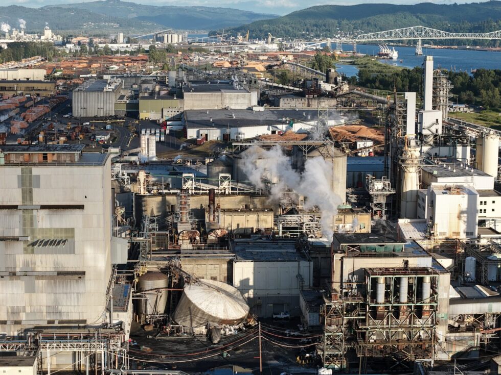 Damage is seen at Nippon Dynawave Packaging Co., after a tank containing hazardous liquid imploded, on Tuesday, May 26, 2026, in Longview, Wash. (Karen Ducey/The Seattle Times via AP)