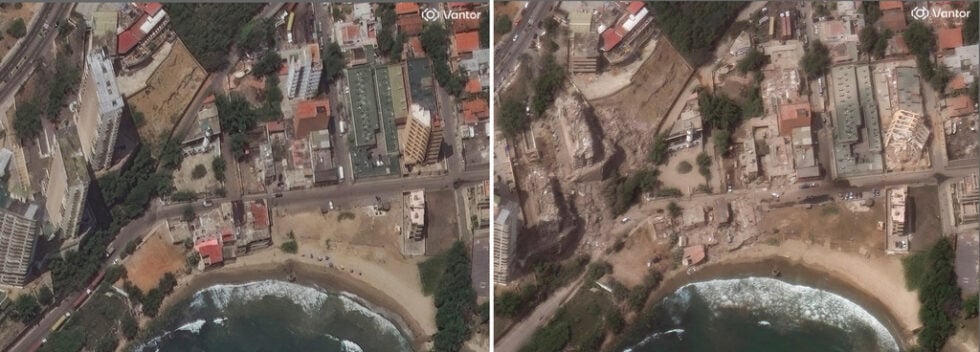Η δορυφορική εικόνα που δείχνει, από αριστερά, κτίρια στην Playa Puerto Viejo la Guiara στις 22 Ιουνίου 2026 και κτίρια που έχουν καταρρεύσει μετά τον σεισμό της Πέμπτης, 25 Ιουνίου 2026. (Satellite image ©2026 Vantor via AP)