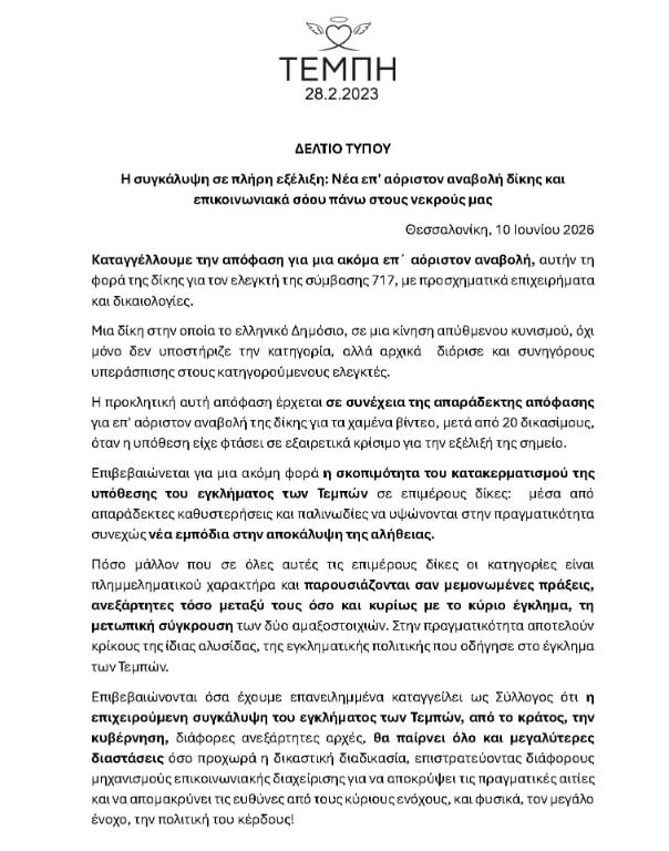 Ο σύλλογος θυμάτων Τεμπών ξεσπά για την επ’ αόριστον αναβολή
