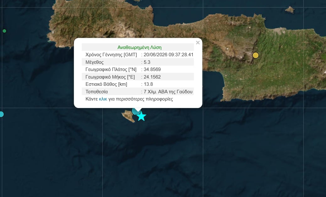 Ισχυροί σεισμοί μεγέθους 5,3 και 4,6 Ρίχτερ στη Γαύδο