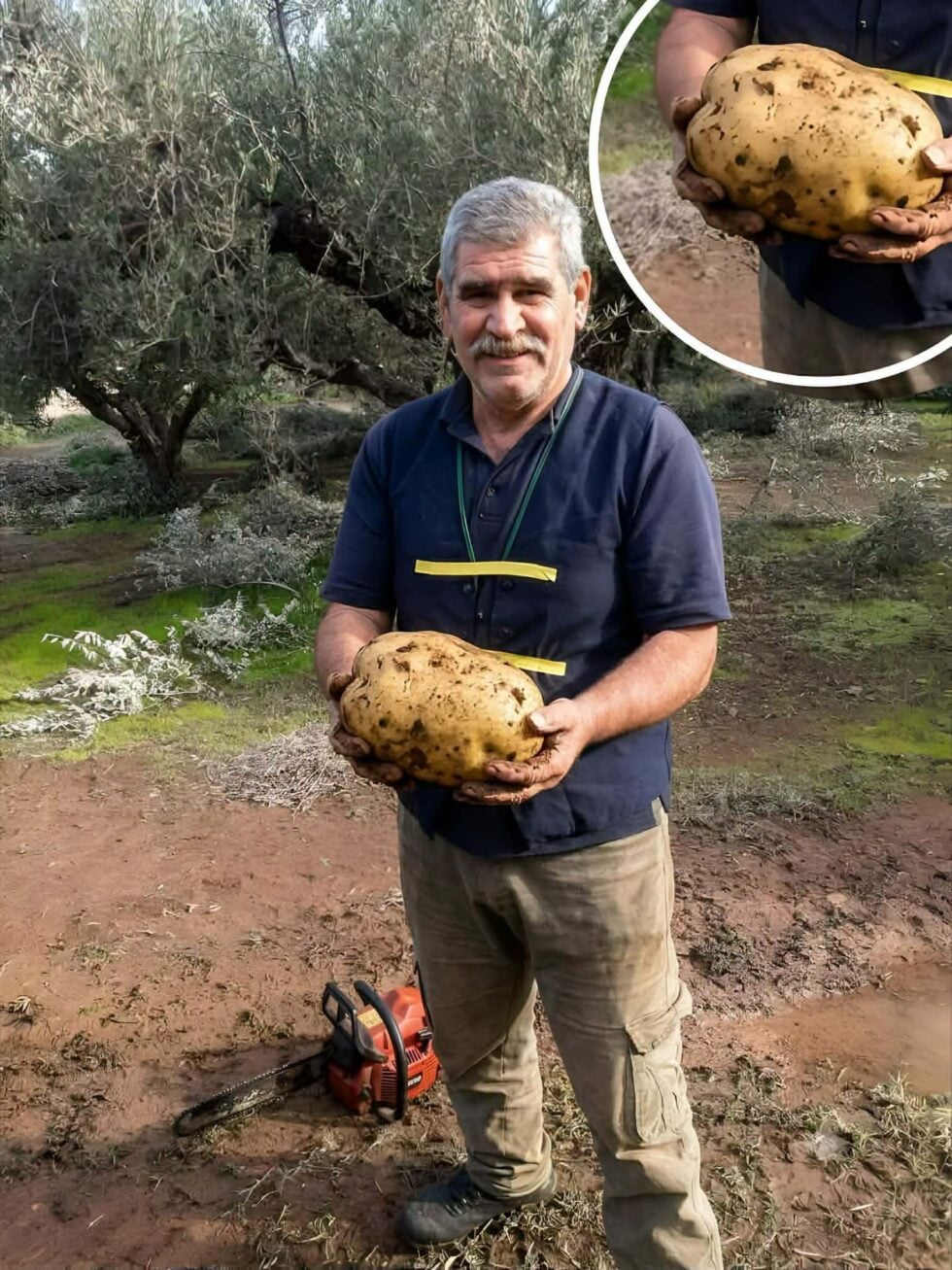 Ο παραγωγός κρατάει περήφανος την γιγαντιαία πατάτα του