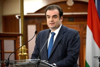 President of the Eurogroup, Greek Finance Minister, Kyriakos Pierrakakis (Robert Hegedus/MTI via AP)