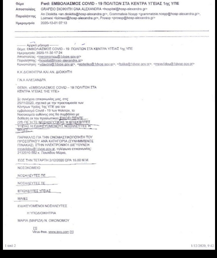 Μετακινούν 25 νοσηλευτές από το «Αλεξάνδρα» για τα εμβολιαστικά κέντρα κι ας μην έχουμε ακόμα εμβόλια