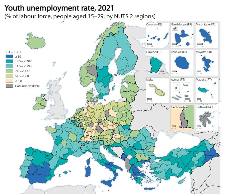 Ελληνικές περιφέρειες στις κορυφαίες της Ευρώπης στην ανεργία των νέων
