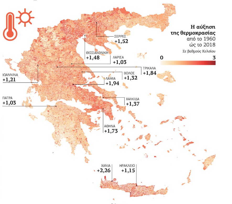 Πόσο ζεστότερη είναι κάθε περιοχή της Ελλάδας σήμερα σε σχέση με τη δεκαετία του 1960