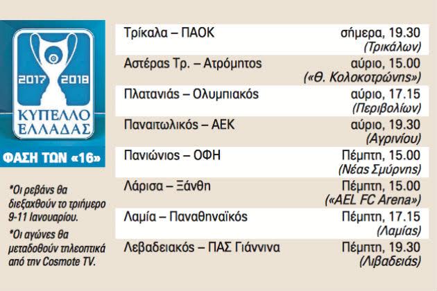 «Σέντρα» για τους 16 του Κυπέλλου