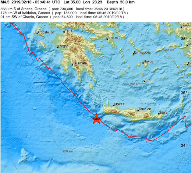Σεισμός 4,5 Ρίχτερ νότια των Χανίων